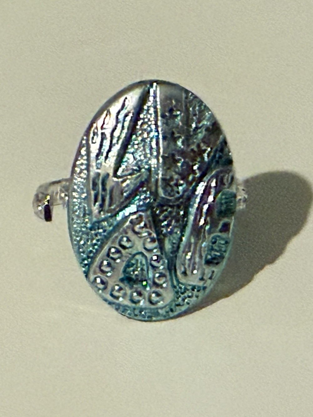 Oval Blue Silver-Tone Textured Statement Ring